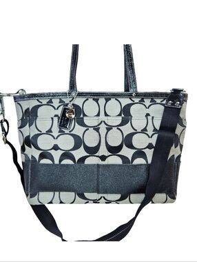 COACH Signature C Jacquard Tote Black Gray Baby Diaper Bag B1076-F13802